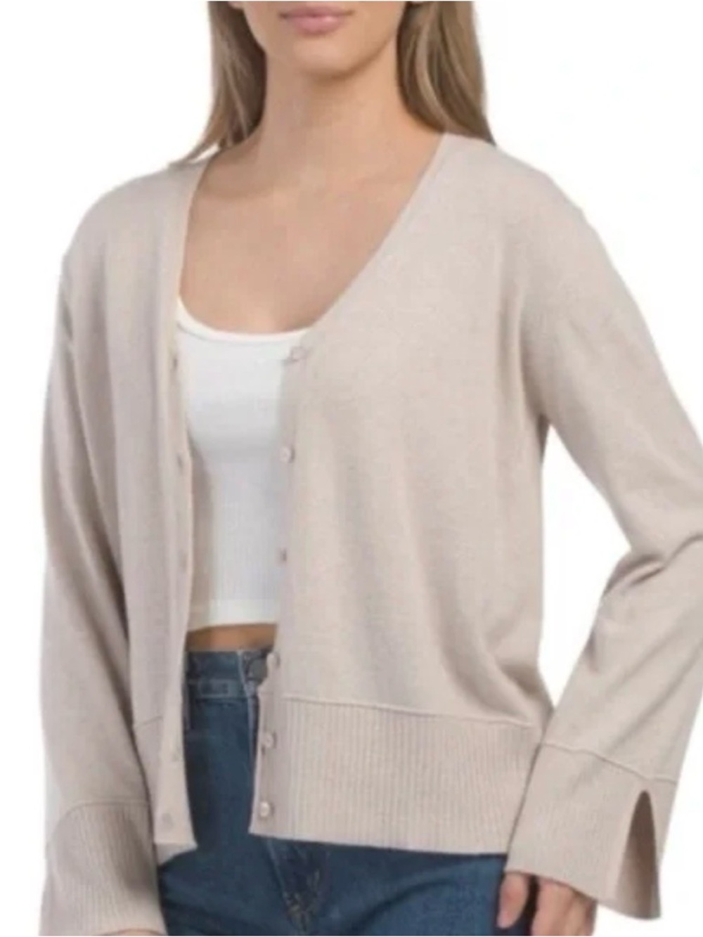 BIANCO & BLU Women's Light Taupe Button-Front V-Neck CASHMERE & SILK Cardigan